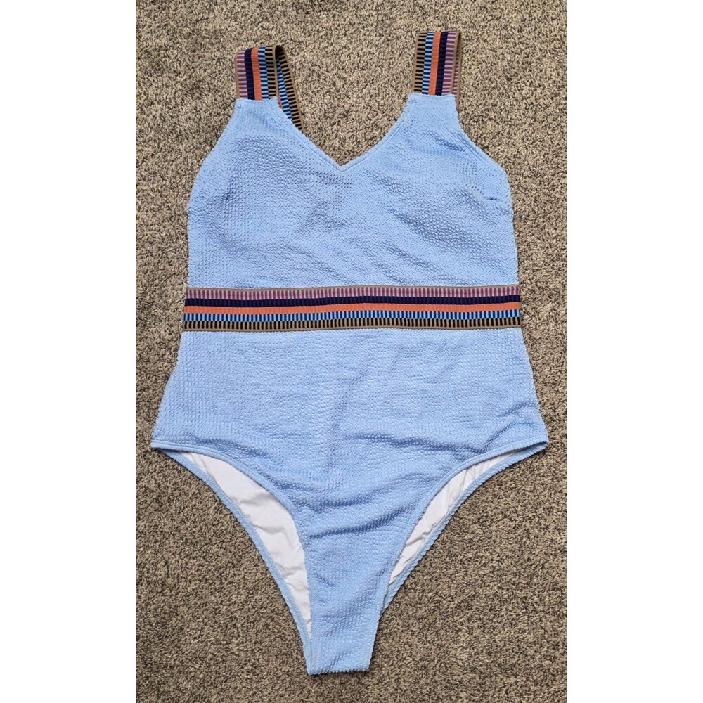 NWT Cupshe One Piece Swimsuit Size Large Blue Crinkle Aztec Print Belted V Neck